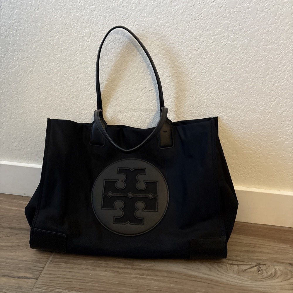 Tory Burch Nylon Logo Hand Tote Bag Women Black Large Capacity Ella Tote